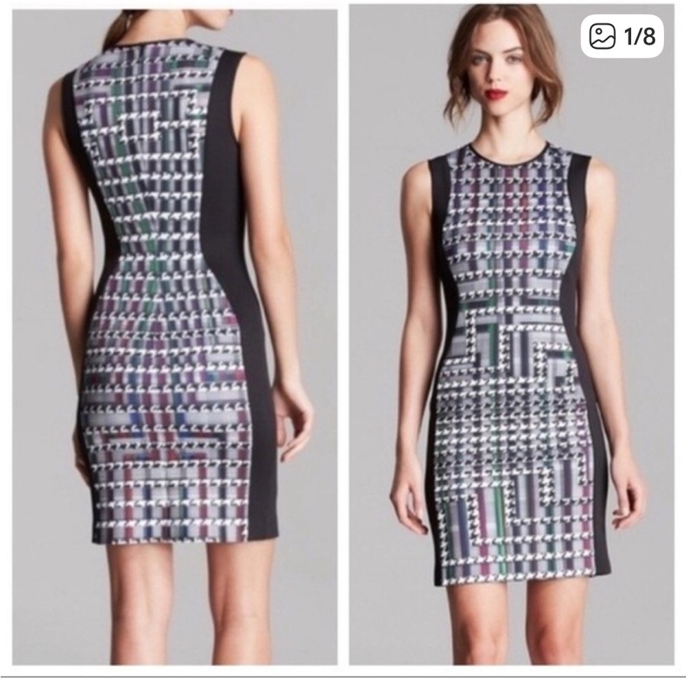 NWT Clover Canyon Black Multicolor Houndstooth Midi Sheath Dress Scuba Bodycon